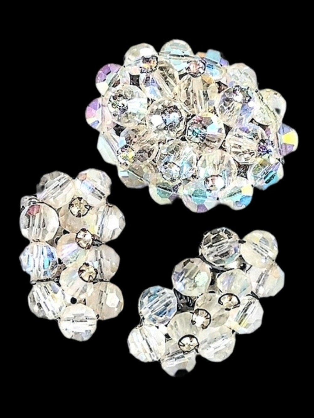 🤍 Vintage AB Austrain Crystal Clear Rhinestone Clustered Brooch & Earrings Set